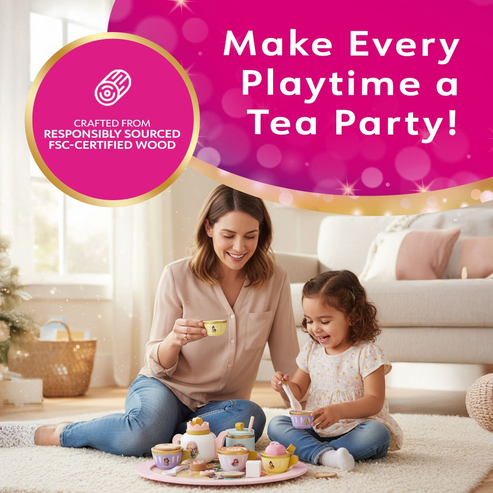 Mum and daughter enjoying a Disney Princess wooden tea set at a playtime tea party
