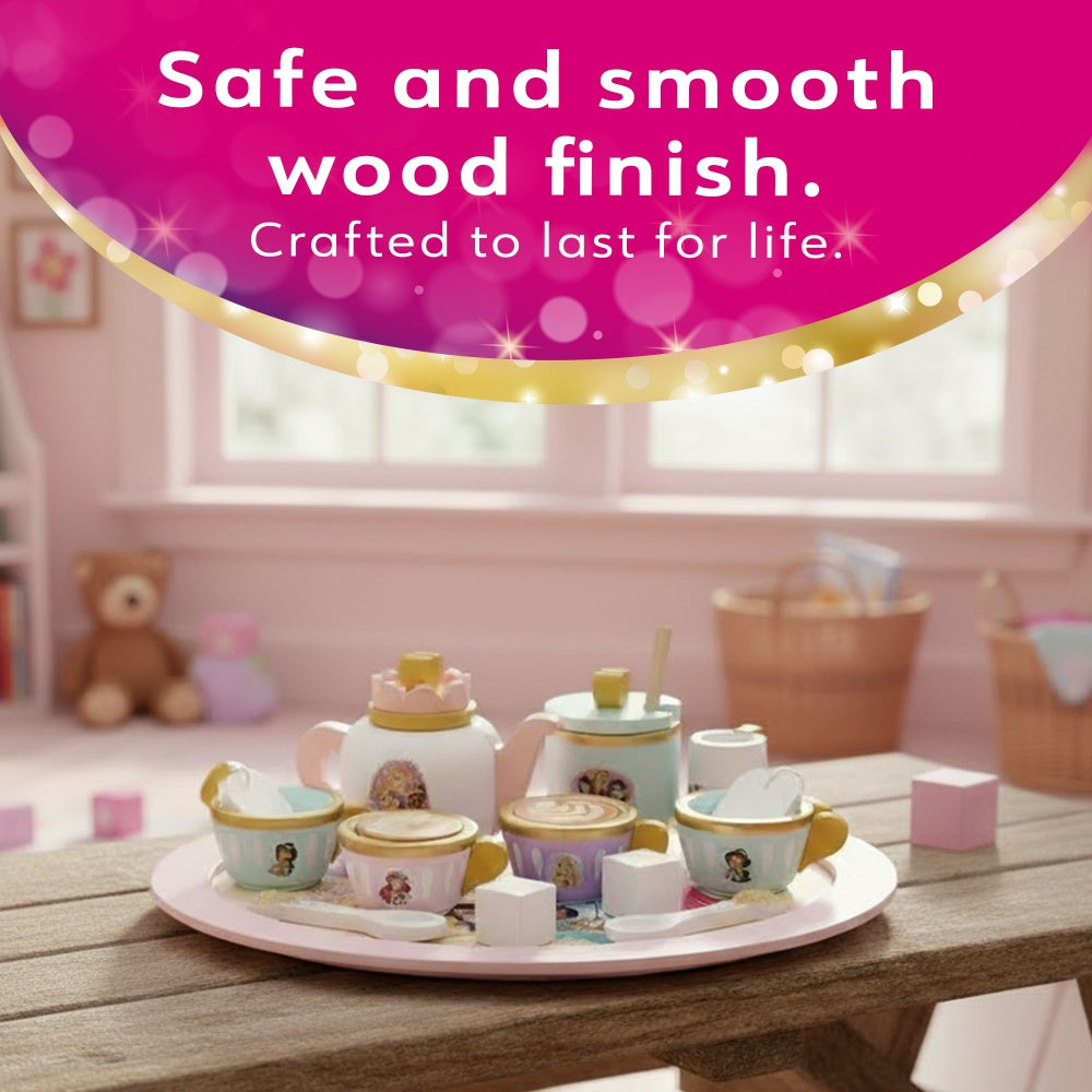 Disney Princess wooden toy tea set on tray with FSC wood and smooth child-safe finish