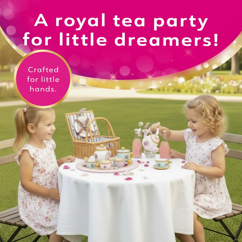 Two girls playing outdoors with a Disney Princess kids tea set at a picnic table
