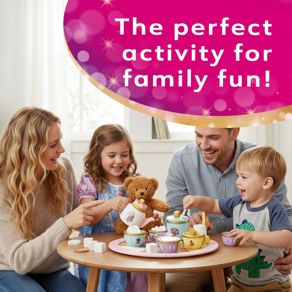 Family playing with a Disney Princess wooden tea party set for kids at a table