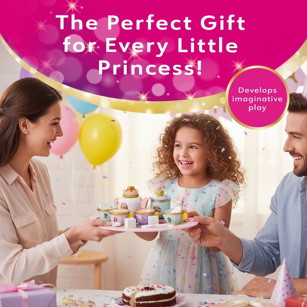Girl receiving a Disney Princess toy tea set as a birthday gift for girls