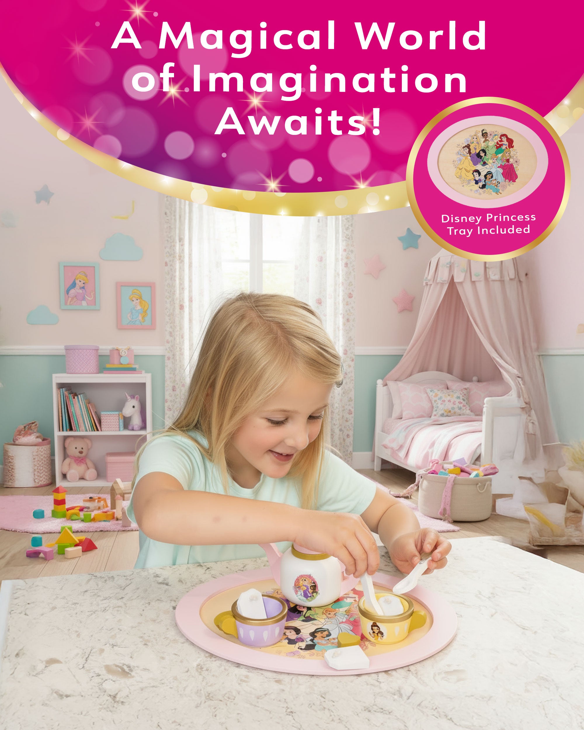 Disney Princess Wooden Afternoon Tea Party Set - 16 Piece Pretend Play Set – FSC Certified Eco-Friendly Toy for Kids Aged 3+