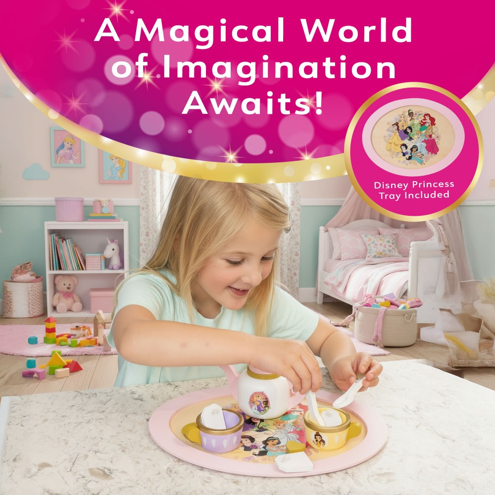 Girl pouring from a Disney Princess wooden teapot, princess tray tea set included