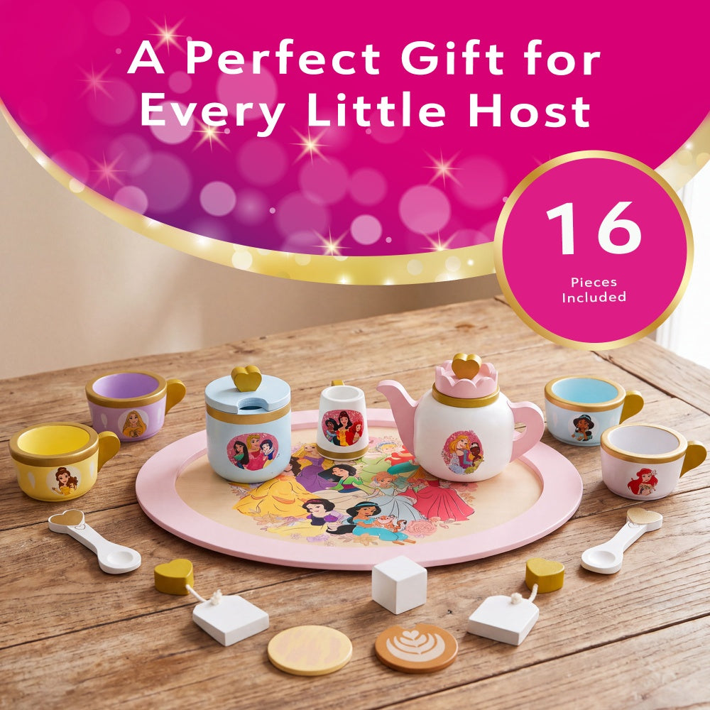 Disney Princess 16 piece wooden tea set with teapot, cups, spoons and play cakes