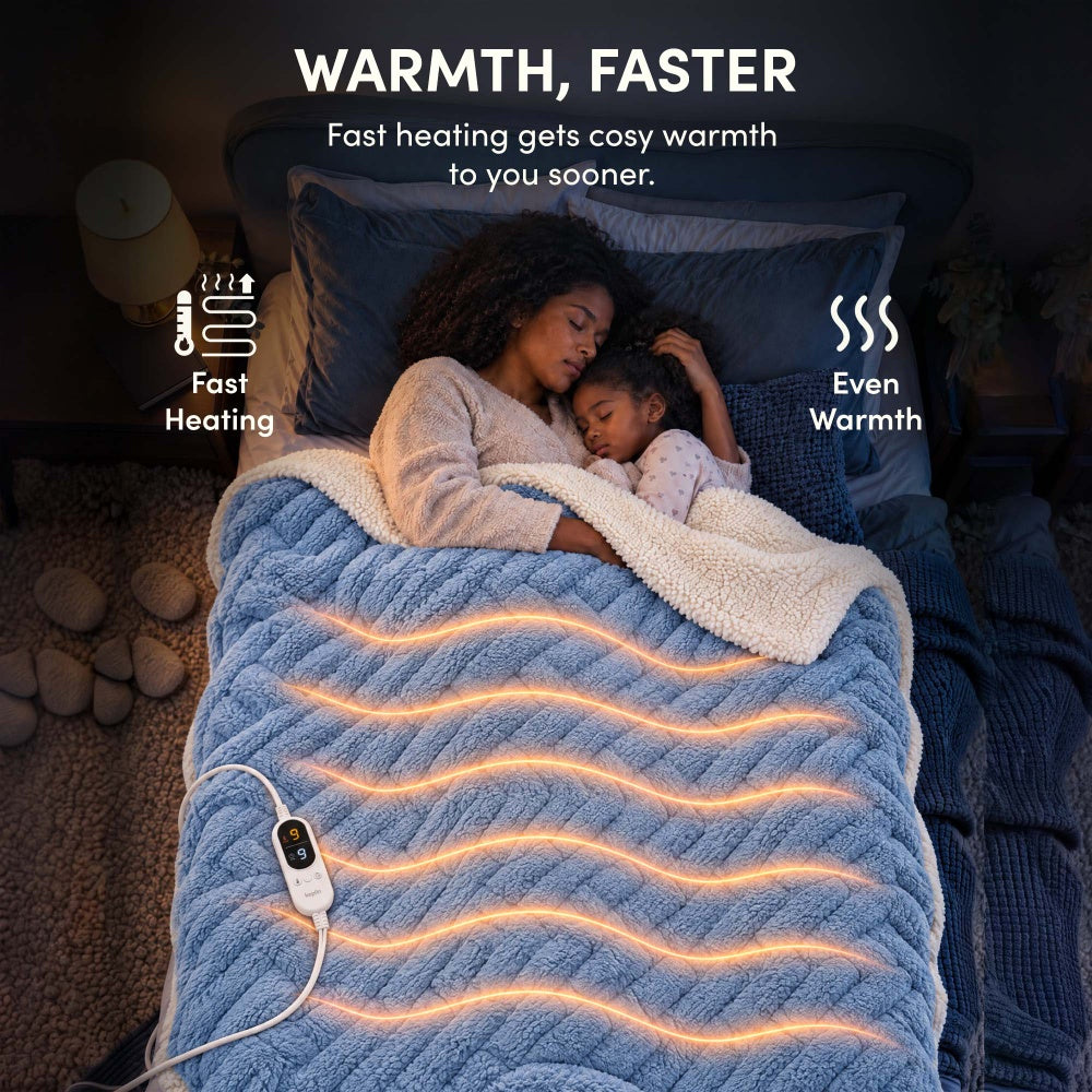 Woman and child asleep under blue jacquard electric heated throw with fast, even heating