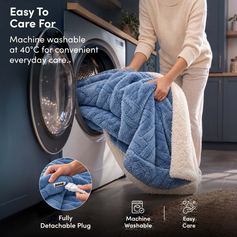 Machine washable blue jacquard electric heated throw, detachable plug, washing machine