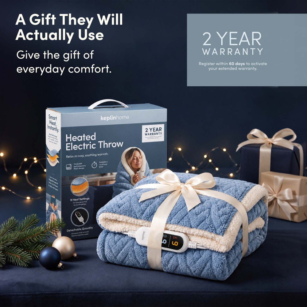 Blue jacquard heated throw blanket gift wrapped with box and 2 year warranty