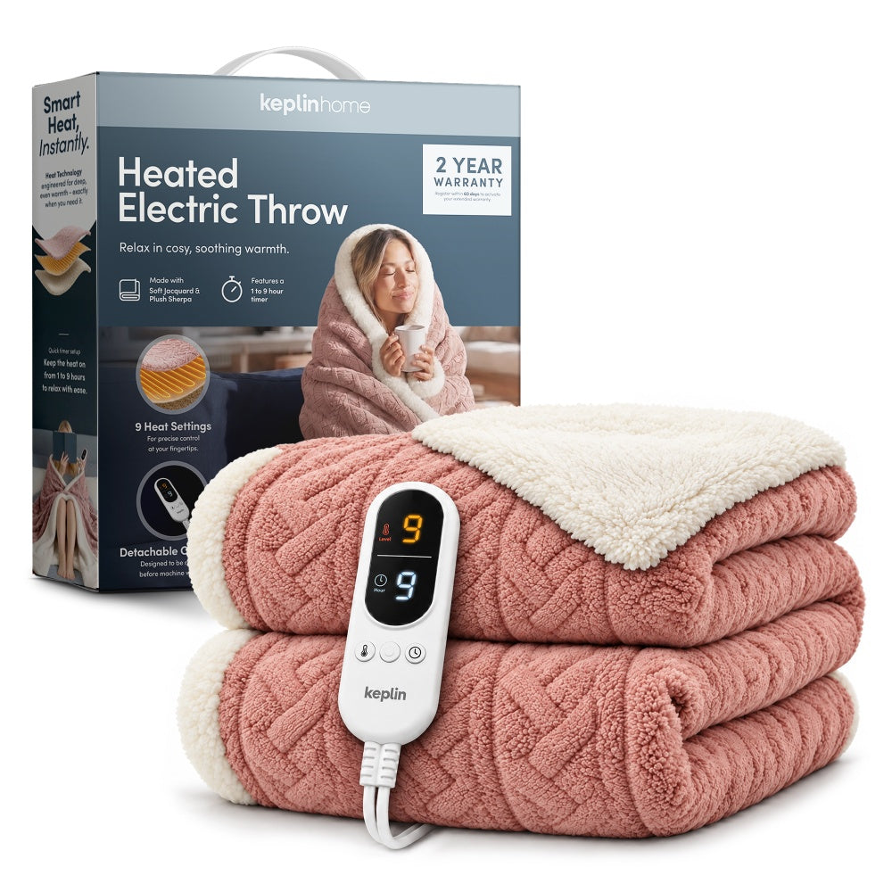 Keplin rose pink jacquard sherpa electric heated throw blanket with digital remote UK