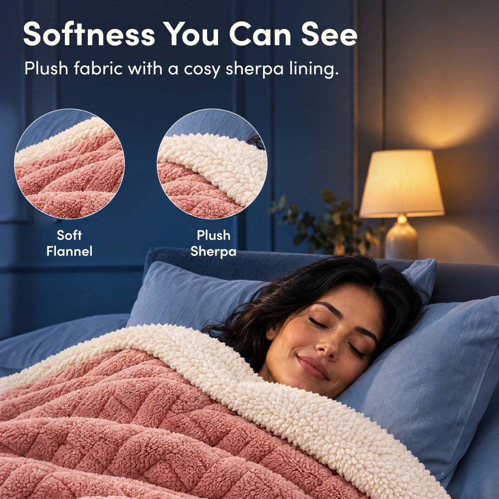 Soft rose pink jacquard flannel and plush sherpa lining of electric heated throw blanket