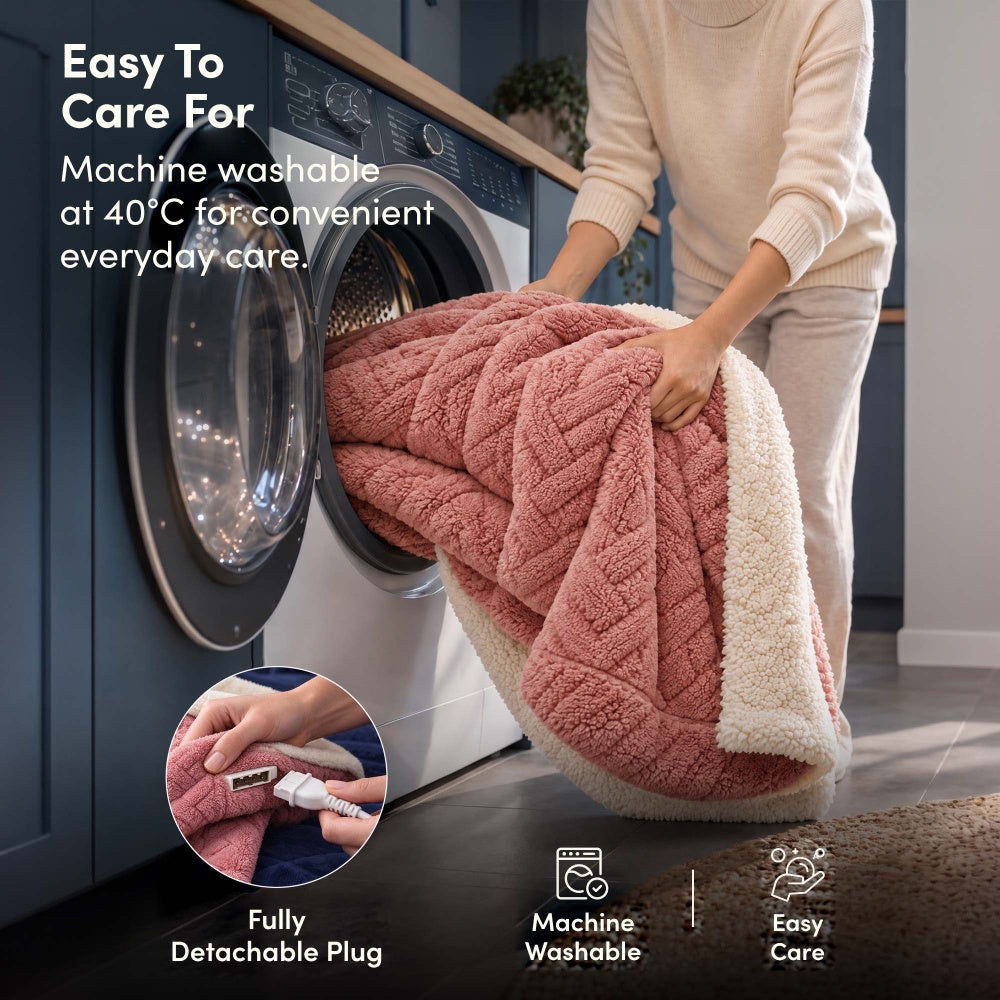 Machine washable rose pink jacquard electric heated throw, detachable plug, washing machine
