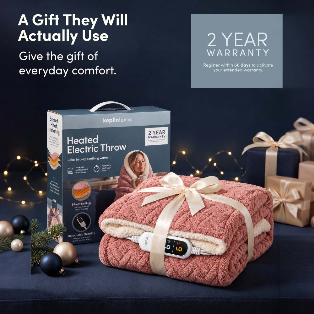 Rose pink jacquard heated throw blanket gift wrapped with box and 2 year warranty