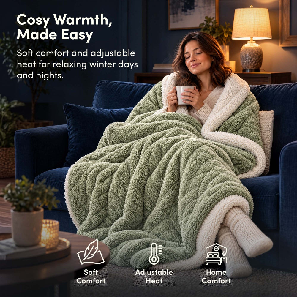 Woman relaxing on sofa under sage green jacquard electric heated throw blanket with sherpa lining