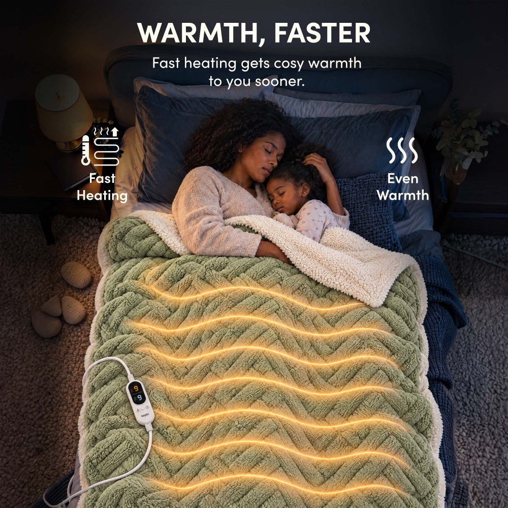 Woman and child asleep under sage green jacquard electric heated throw with fast, even heating