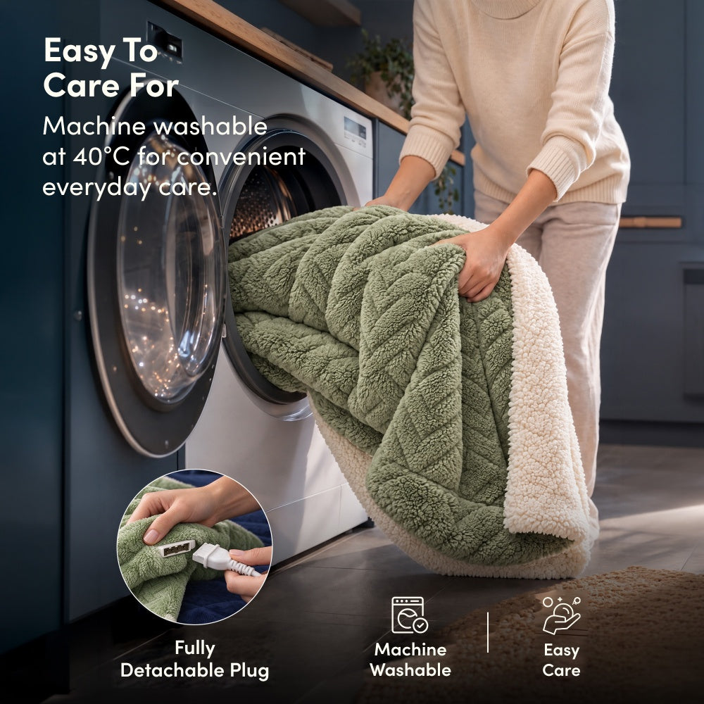 Machine washable sage green jacquard electric heated throw, detachable plug, washing machine