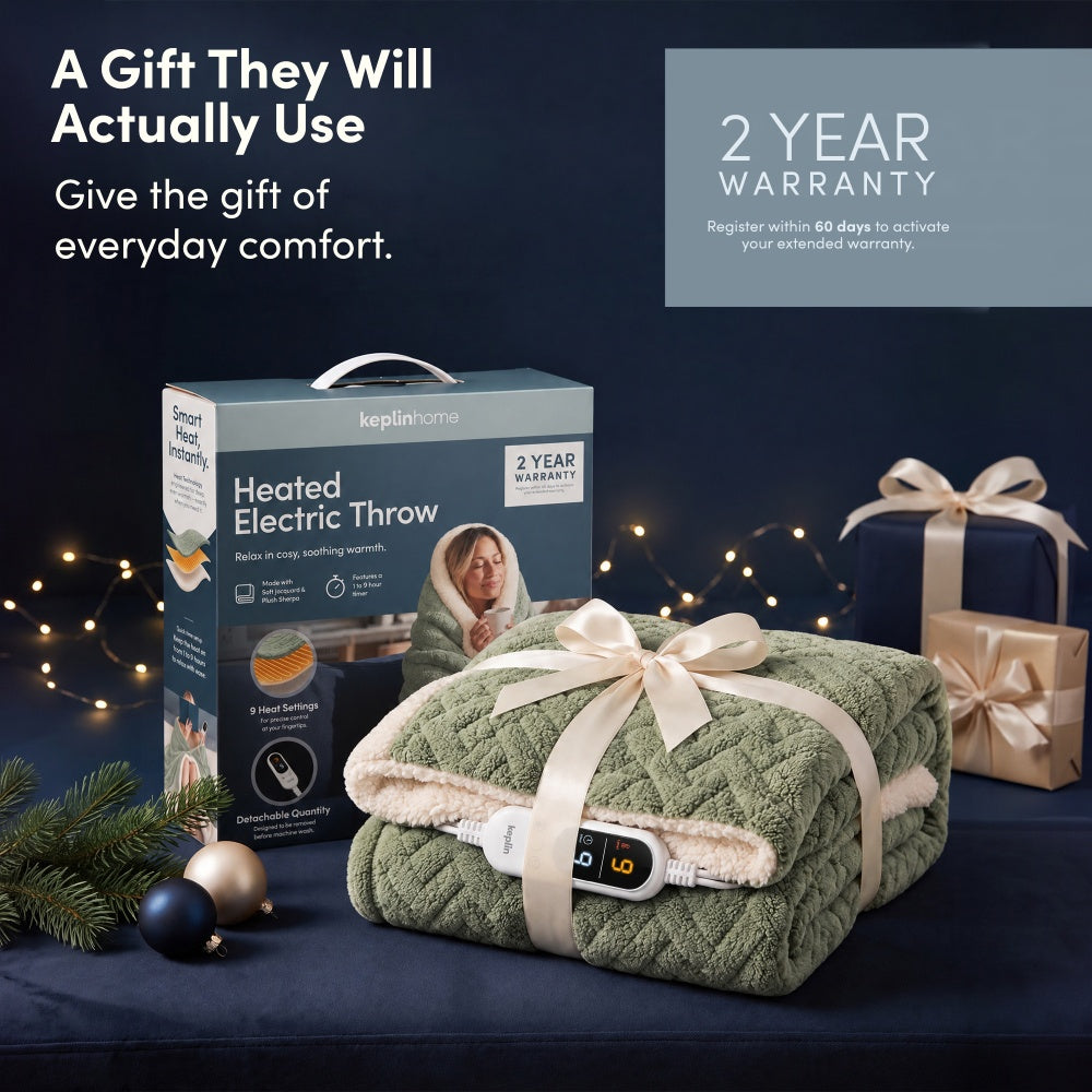 Sage green jacquard heated throw blanket gift wrapped with box and 2 year warranty