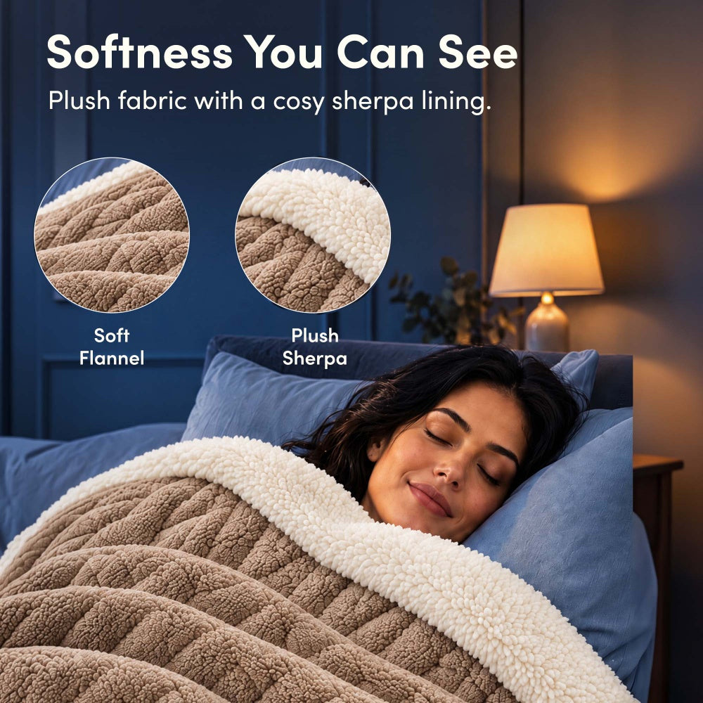 Soft taupe jacquard flannel and plush sherpa lining of electric heated throw blanket