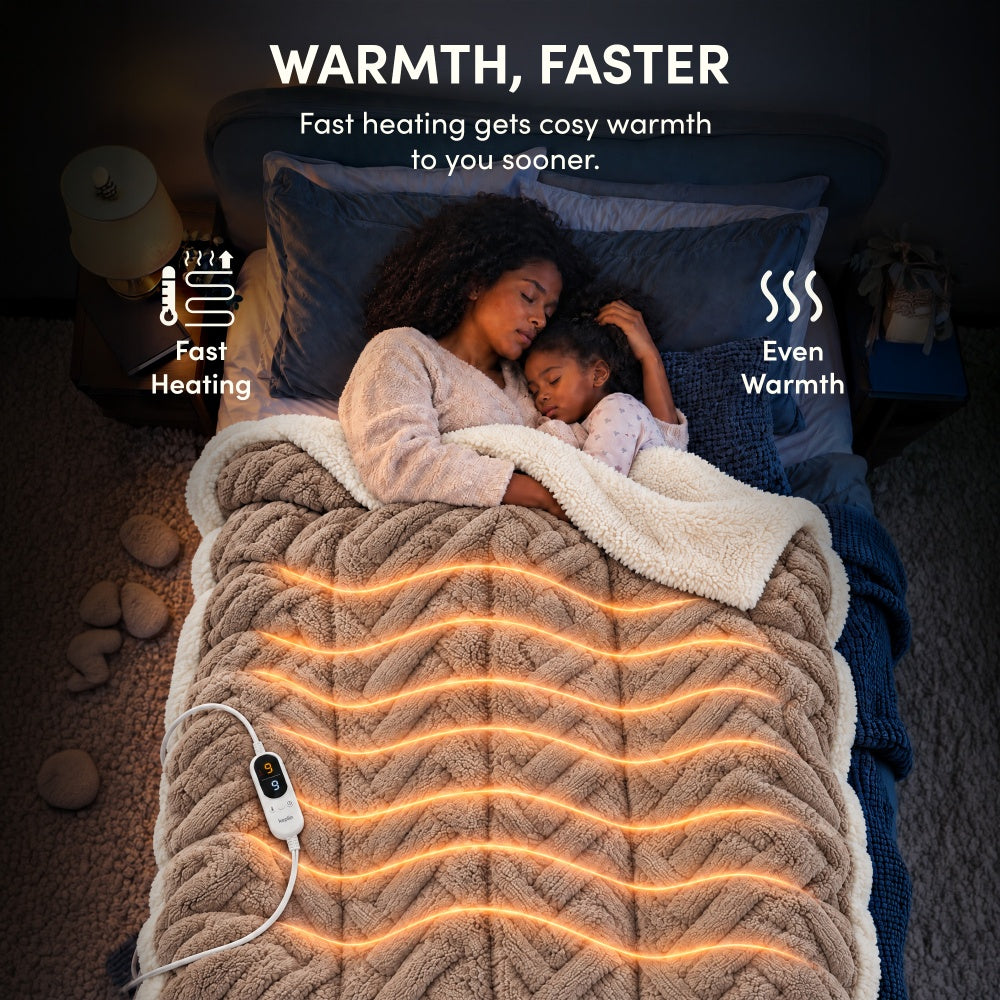 Woman and child asleep under taupe jacquard electric heated throw with fast, even heating