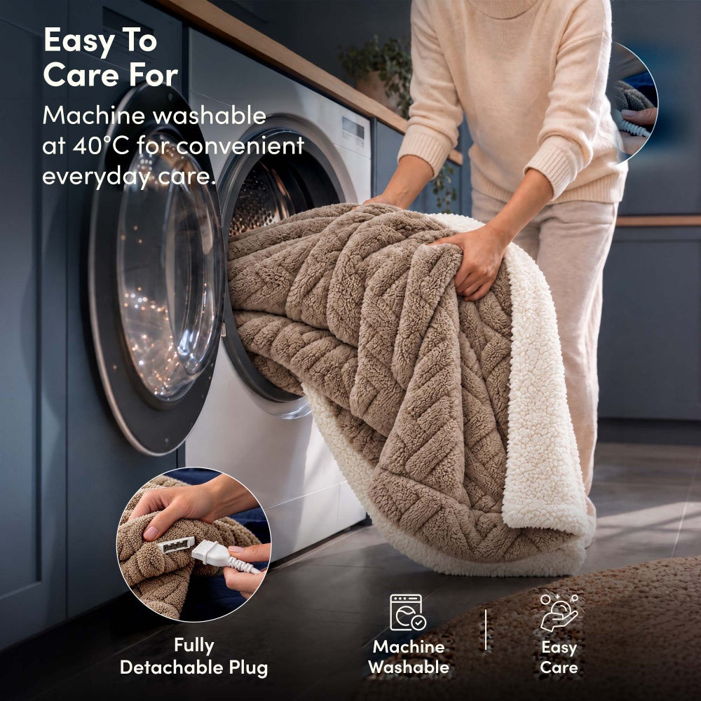 Machine washable taupe jacquard electric heated throw, detachable plug, washing machine
