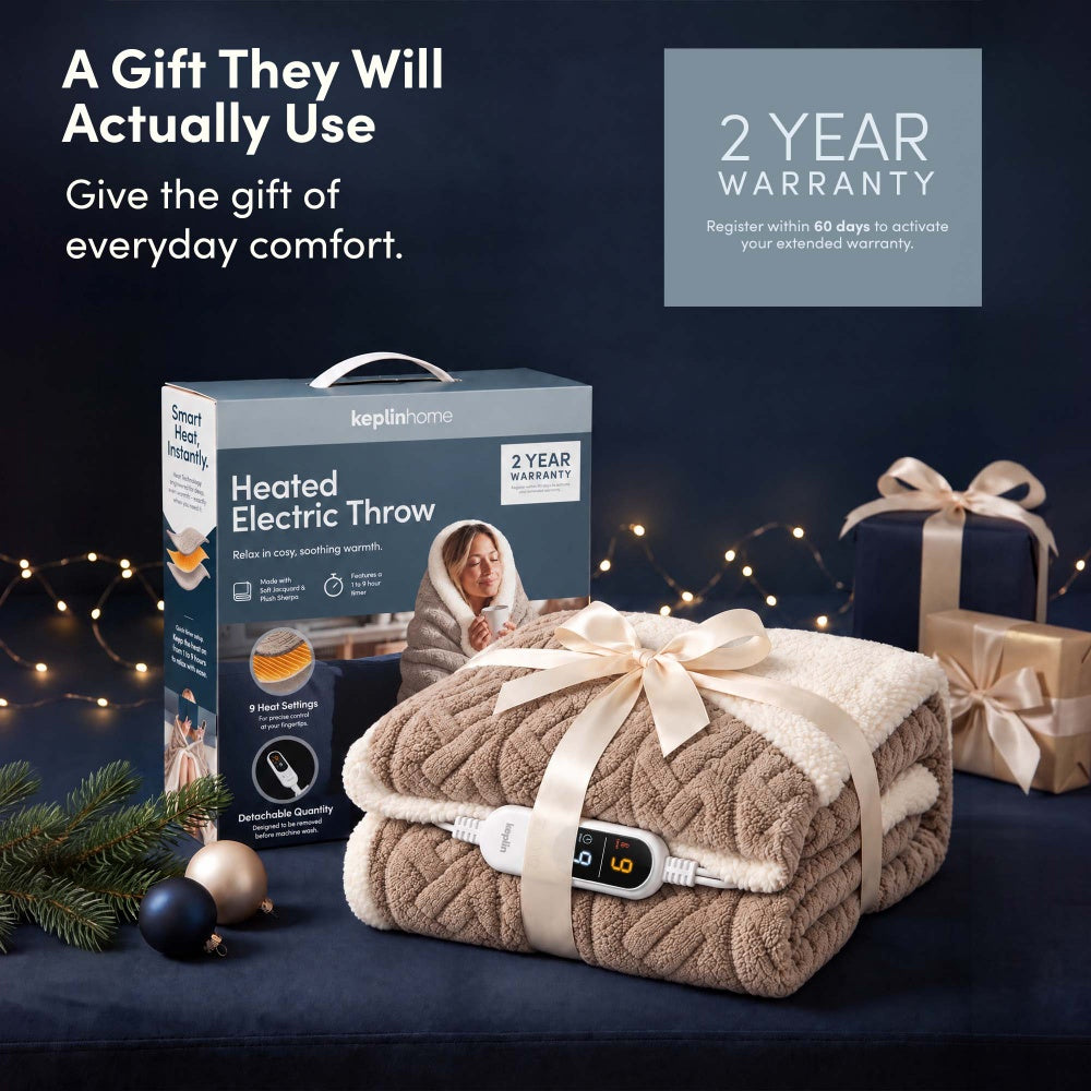 Taupe jacquard heated throw blanket gift wrapped with box and 2 year warranty