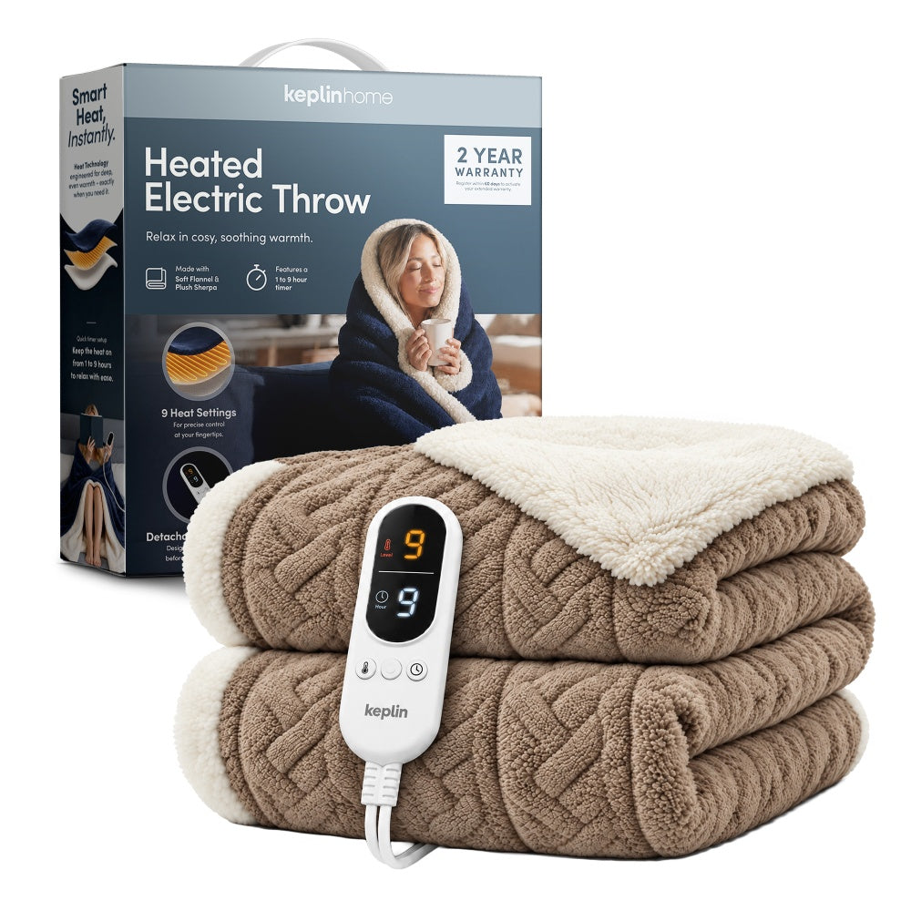 Keplin taupe jacquard sherpa electric heated throw blanket with digital remote UK