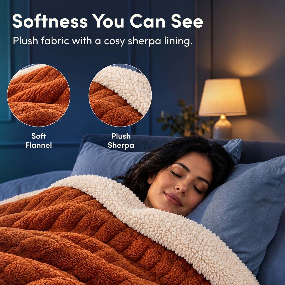 Soft terracotta jacquard flannel and plush sherpa lining of electric heated throw blanket