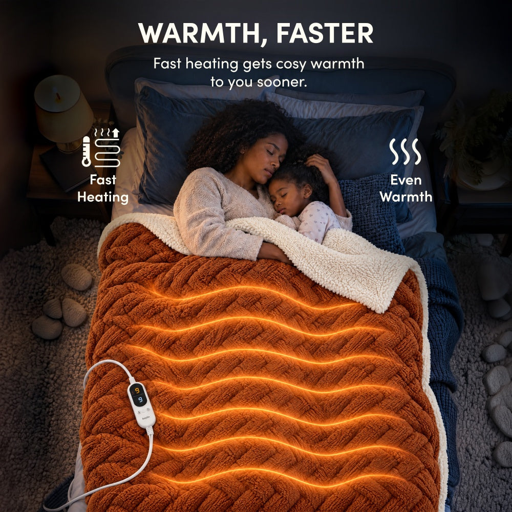Woman and child asleep under terracotta jacquard electric heated throw with fast, even heating