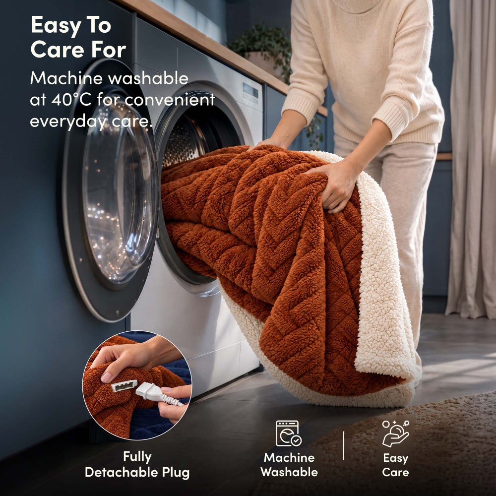 Machine washable terracotta jacquard electric heated throw, detachable plug, washing machine