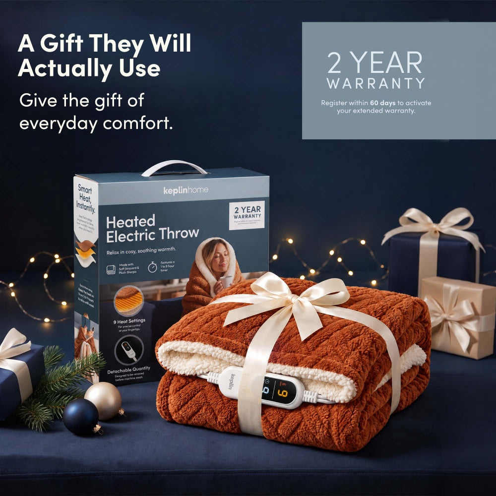Terracotta jacquard heated throw blanket gift wrapped with box and 2 year warranty