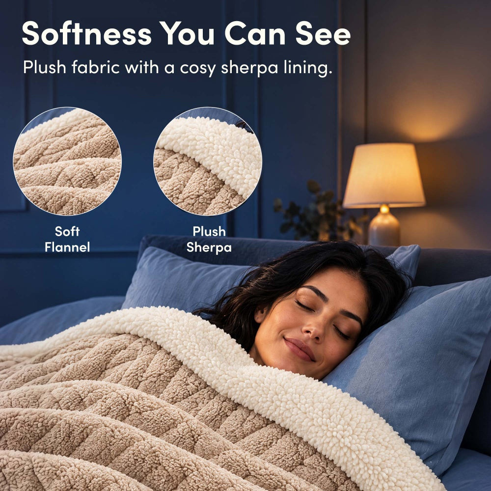 Soft vanilla beige jacquard flannel and plush sherpa lining of electric heated throw blanket