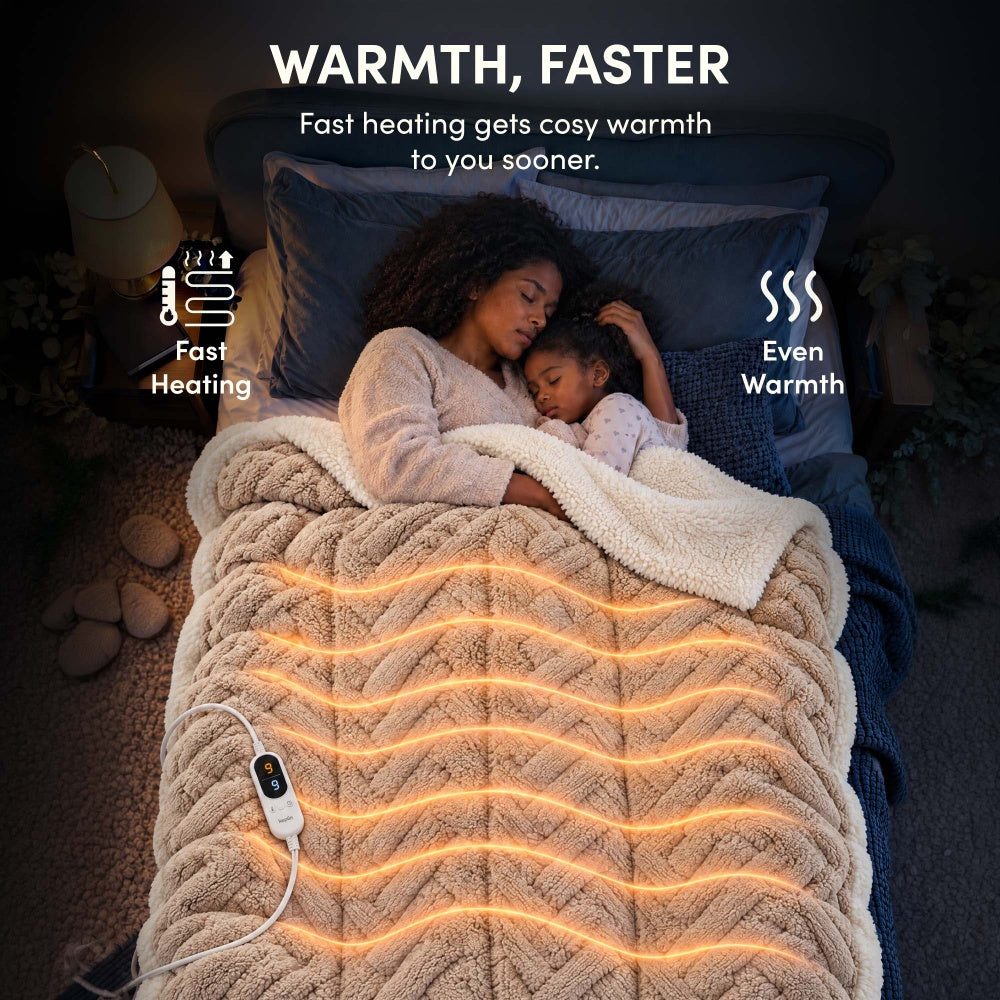 Woman and child asleep under vanilla beige jacquard electric heated throw with fast, even heating