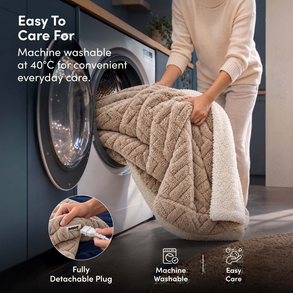 Machine washable vanilla beige jacquard electric heated throw, detachable plug, washing machine
