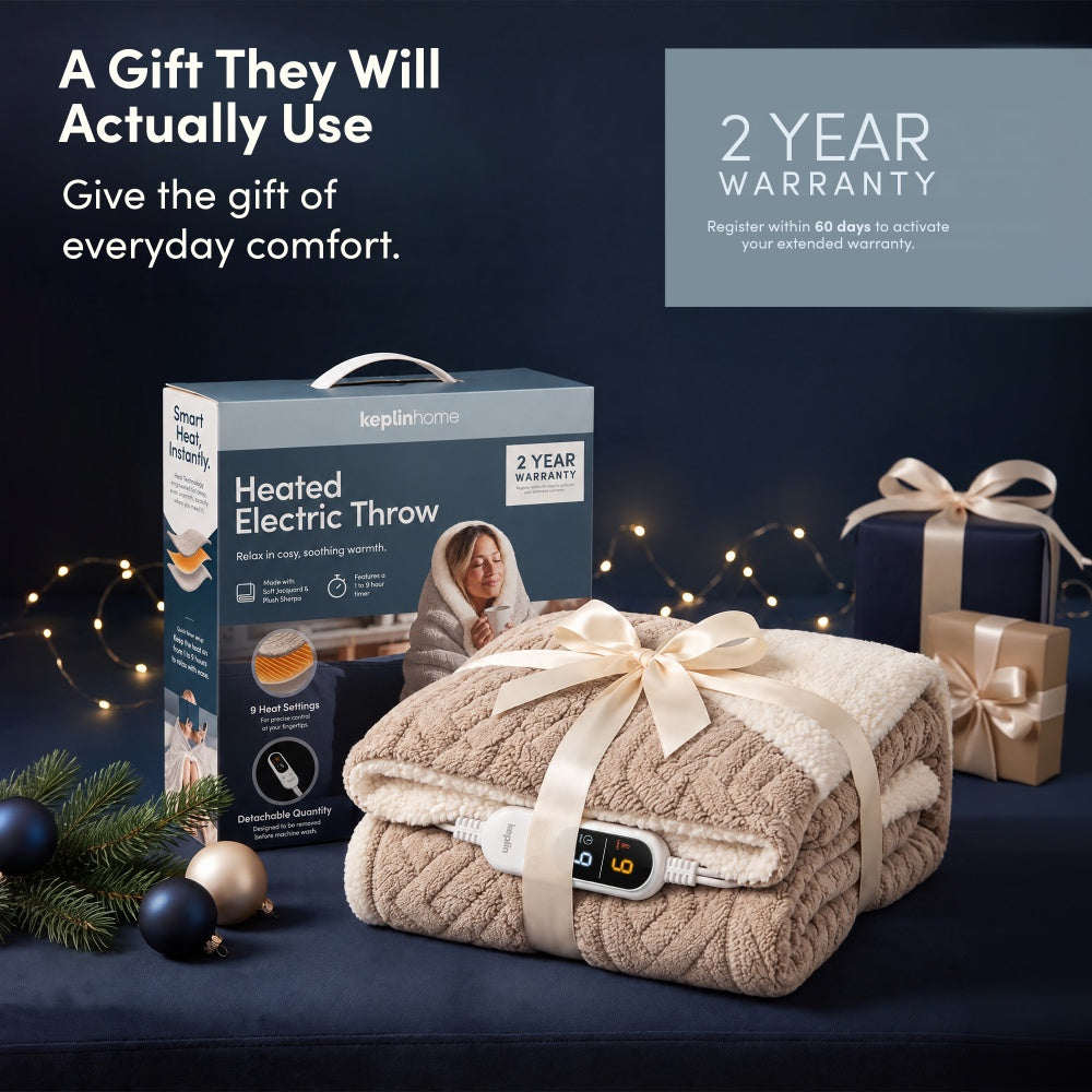 Vanilla beige jacquard heated throw blanket gift wrapped with box and 2 year warranty