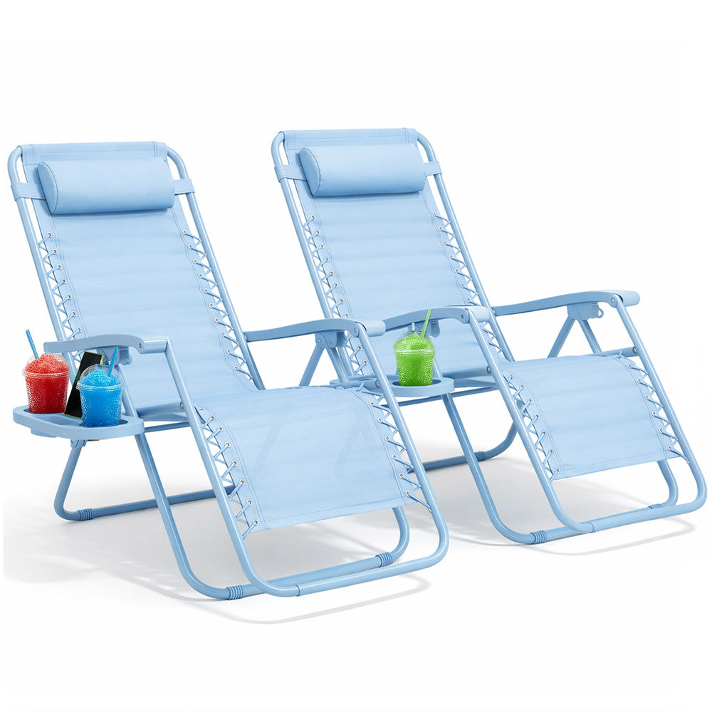 KEPLIN Set of 2 Heavy Duty Monocolour and Basic Textoline Zero Gravity Chairs for Garden Light Reclining Patio Sun loungers Easy to Clean Adjustable Head Rest Foldable with Cup & Phone Holder