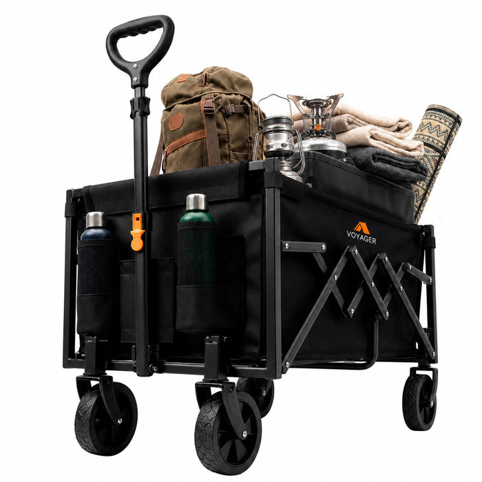 Voyager 70L foldable camping trolley loaded with gear – 100kg capacity all-terrain wheels