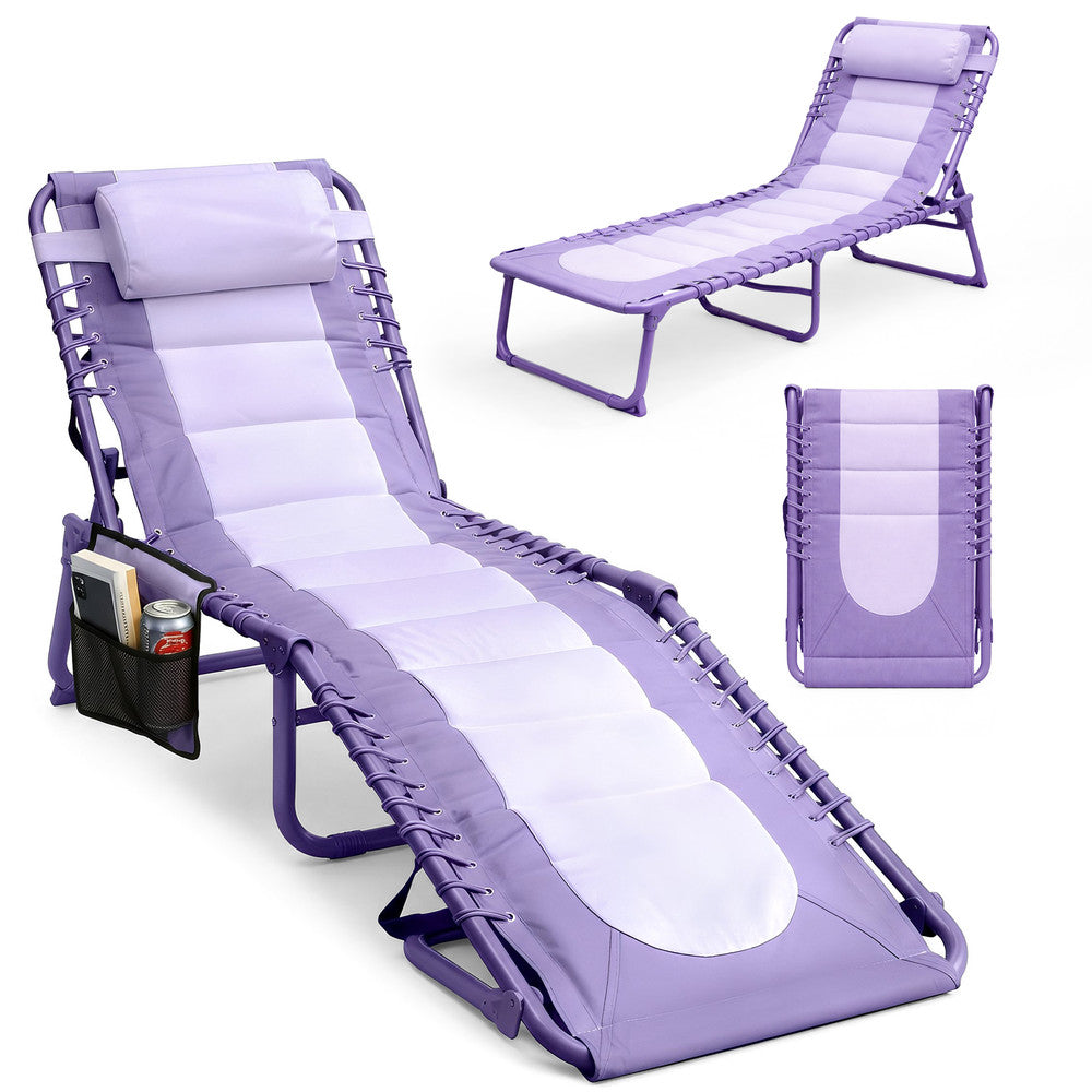 Keplin Padded Folding Sun Lounger in Lilac – 600D Oxford Fabric Garden Recliner with Pillow