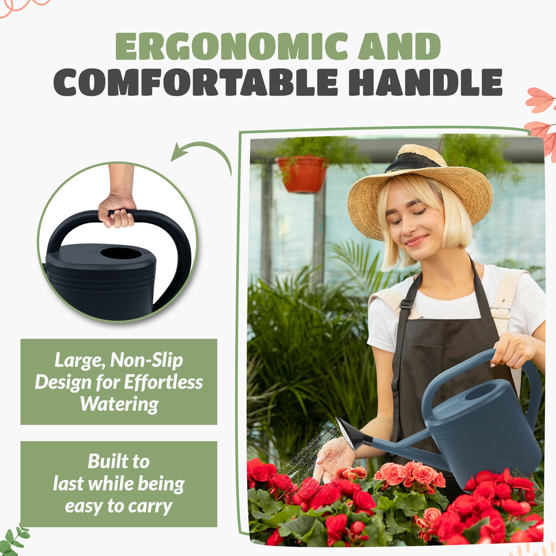 5L Plastic Watering Can with Stainless Steel Sprinkler Rose