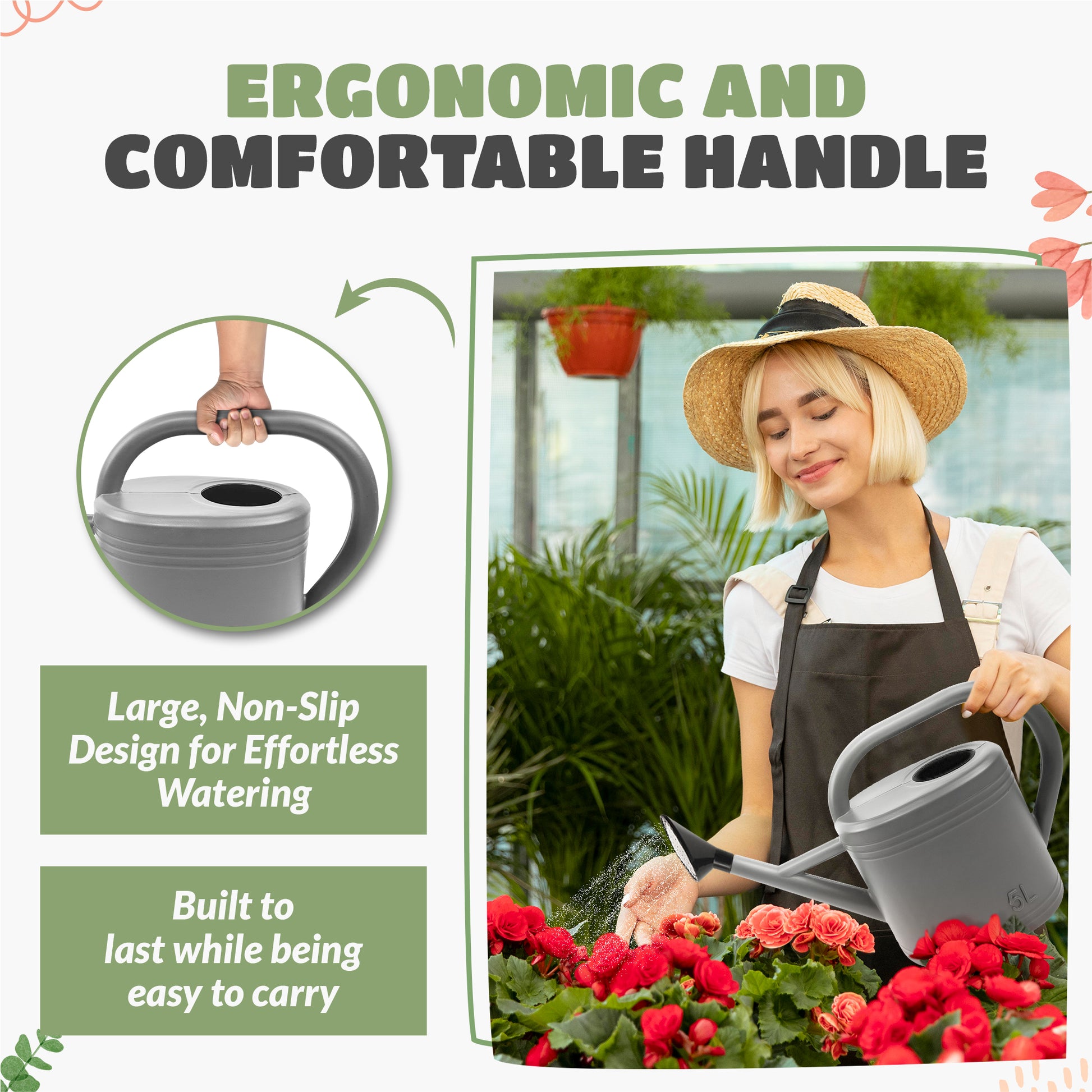 5L Plastic Watering Can with Stainless Steel Sprinkler Rose