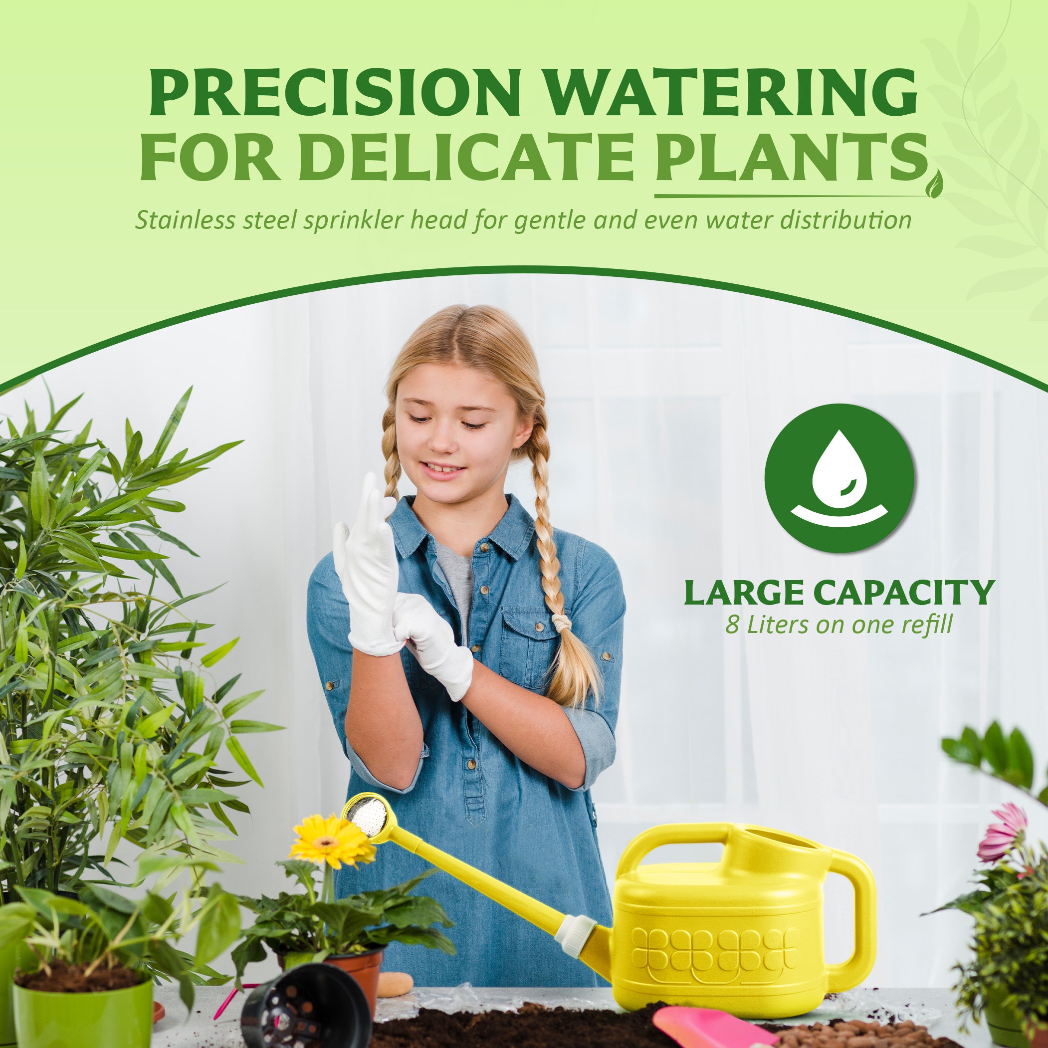 Keplin - 8L Plastic Watering Can with Stainless Steel Sprinkler Rose - Durable Garden Watering Jug for Plants & Flowers - Easy Pour Outdoor & Indoor Watering Can