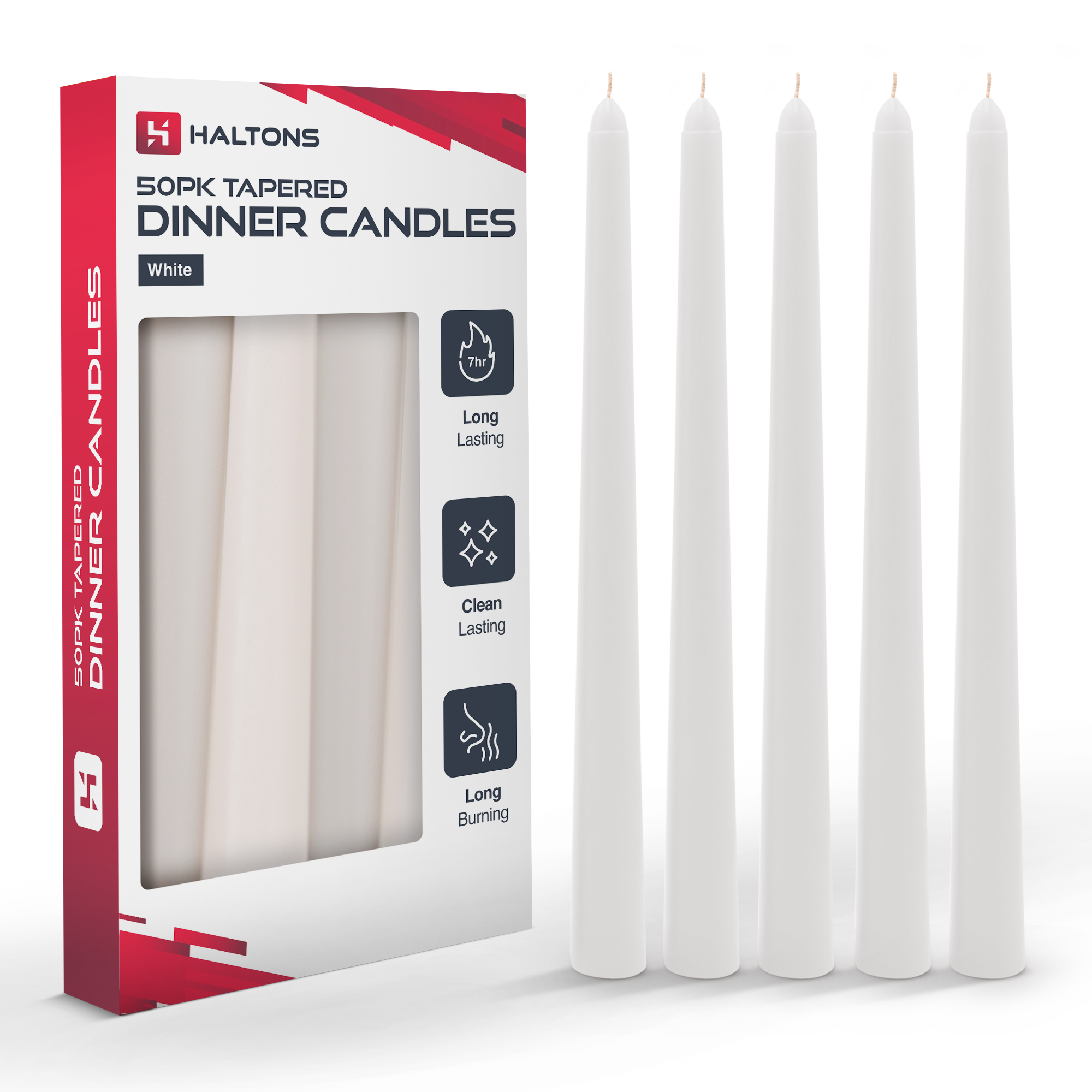 Haltons Tapered Dinner Candles - 50pk - 7-Hour Burn Time Dinner Candles, Unscented, Non-Drip & Smoke Free