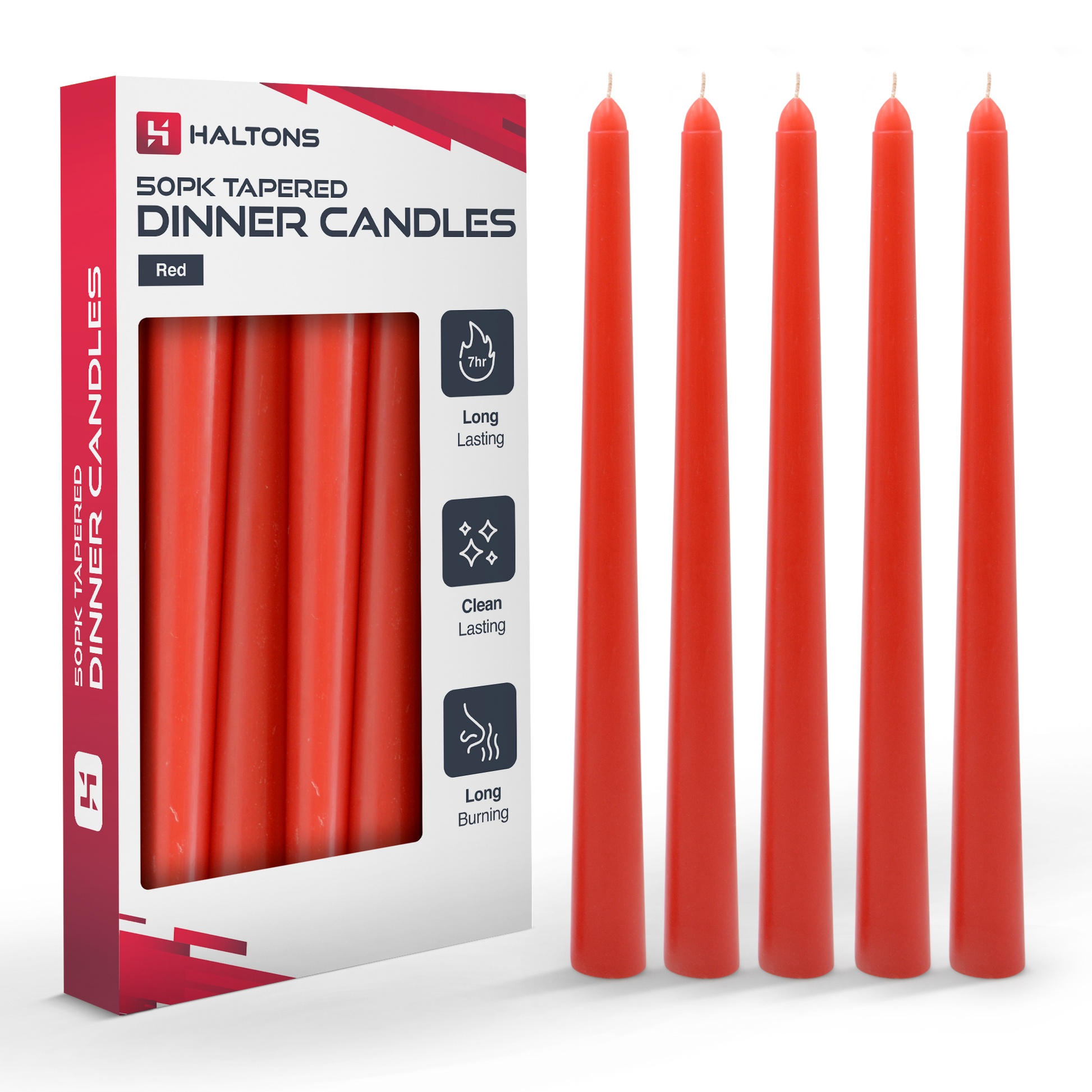 Haltons Tapered Dinner Candles - 50pk - 7-Hour Burn Time Dinner Candles, Unscented, Non-Drip & Smoke Free