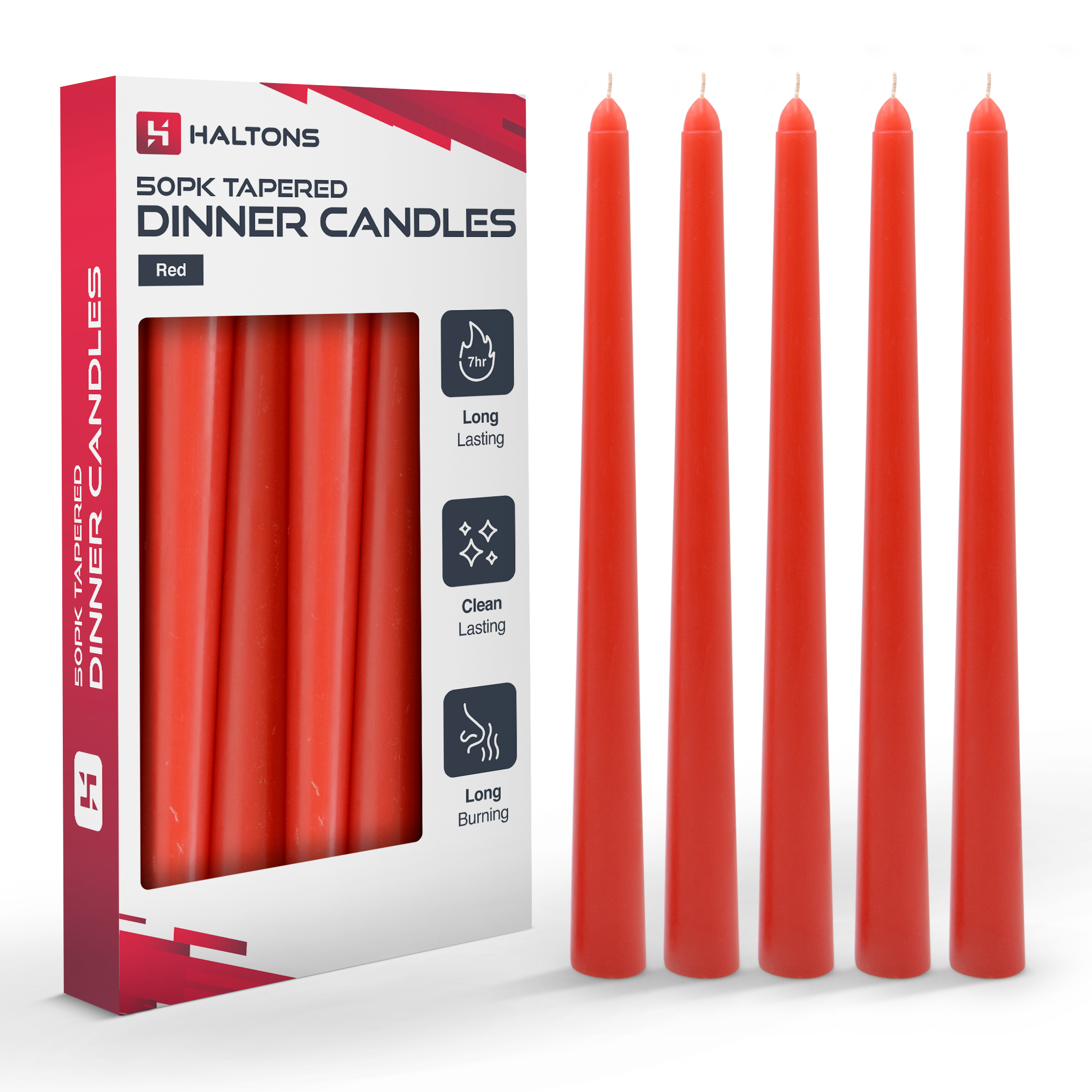 Haltons Tapered Dinner Candles - 50pk - 7-Hour Burn Time Dinner Candles, Unscented, Non-Drip & Smoke Free