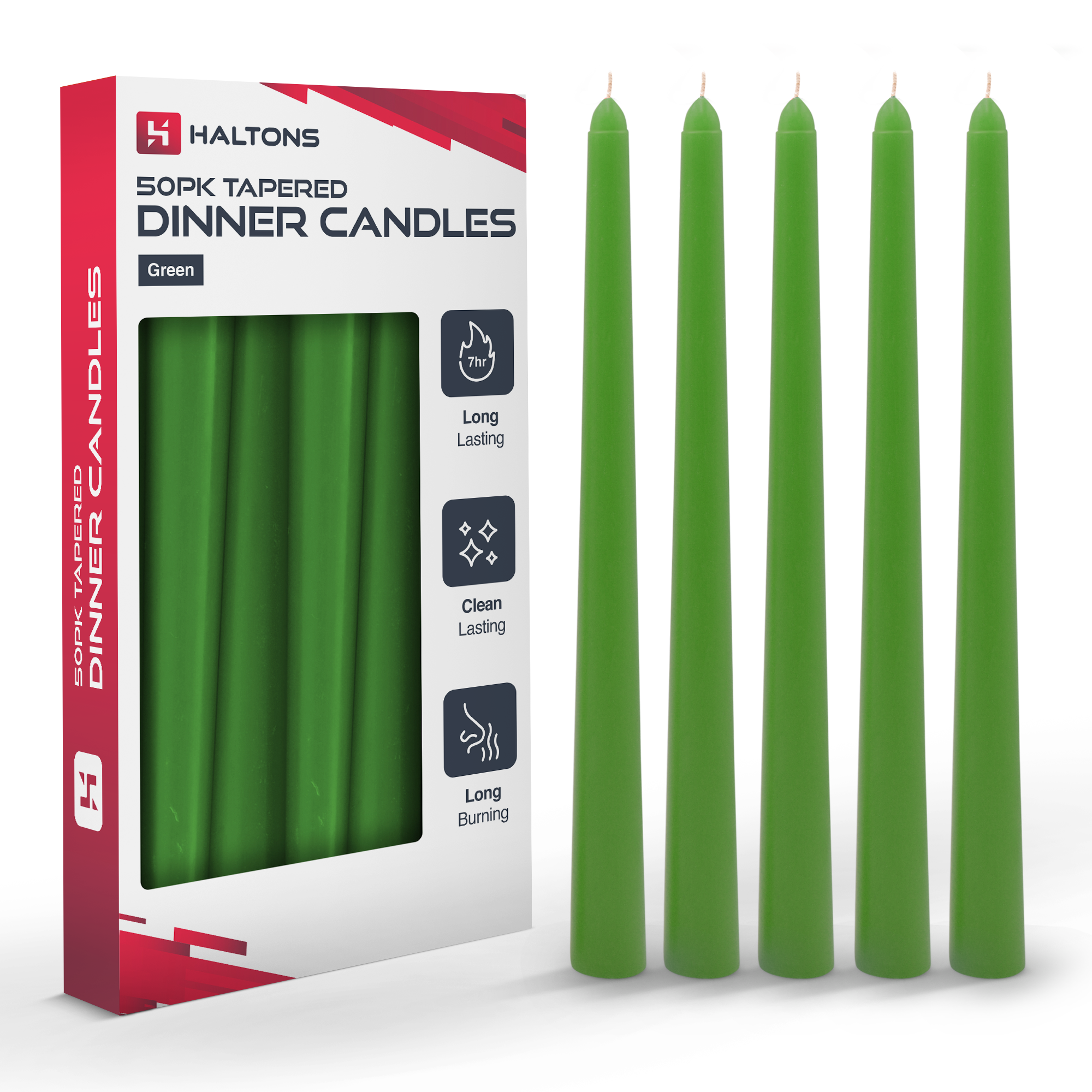 Haltons Tapered Dinner Candles - 50pk - 7-Hour Burn Time Dinner Candles, Unscented, Non-Drip & Smoke Free