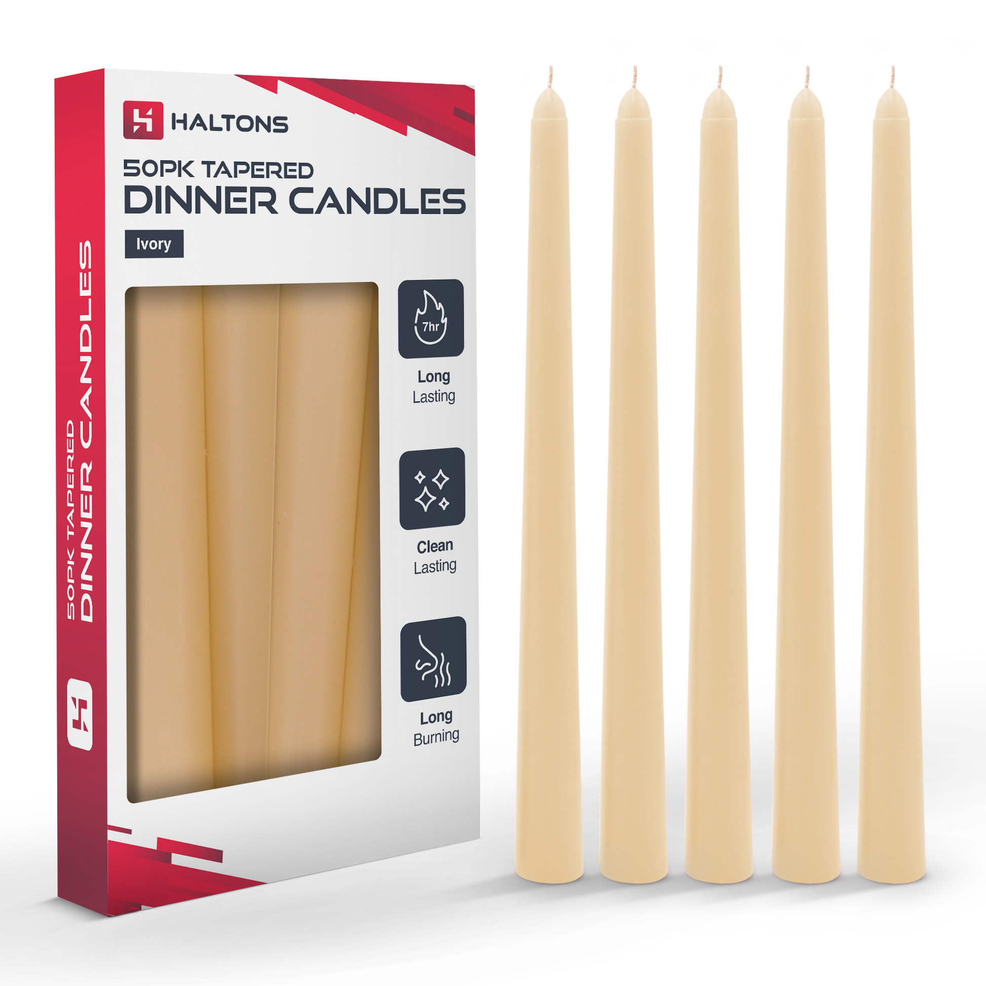 Haltons Tapered Dinner Candles - 50pk - 7-Hour Burn Time Dinner Candles, Unscented, Non-Drip & Smoke Free – image 9