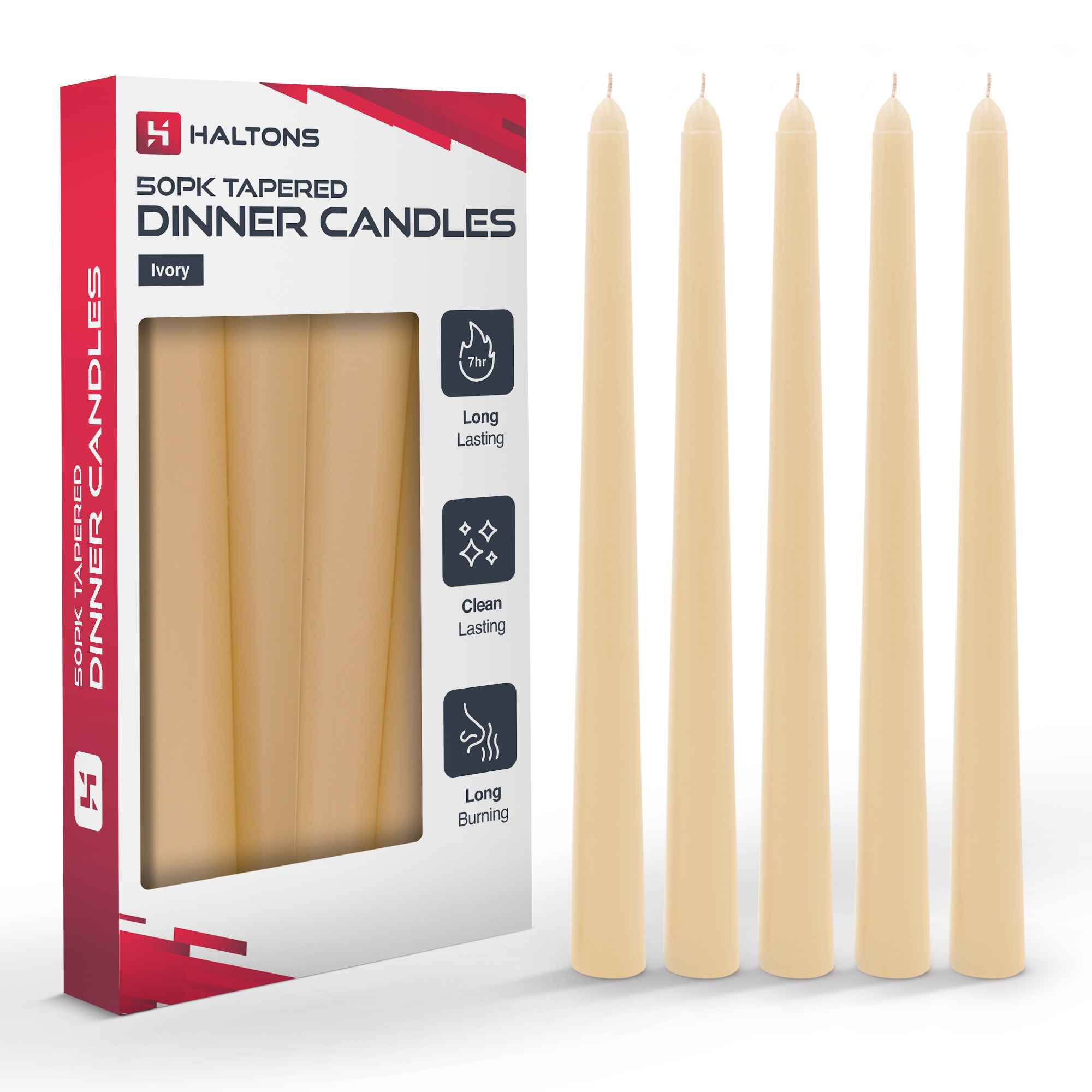 Haltons Tapered Dinner Candles - 50pk - 7-Hour Burn Time Dinner Candles, Unscented, Non-Drip & Smoke Free