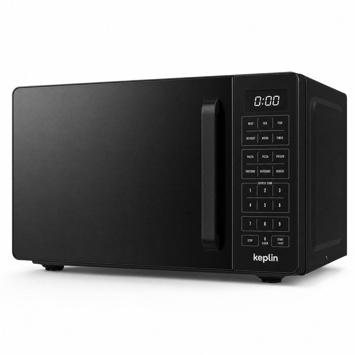 Black 800W microwave oven 20L with mirror glass door and touch controls – front view