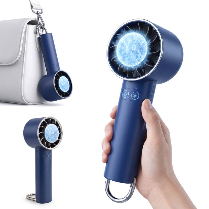 Midnight blue portable handheld fan with cooling plate held in hand
