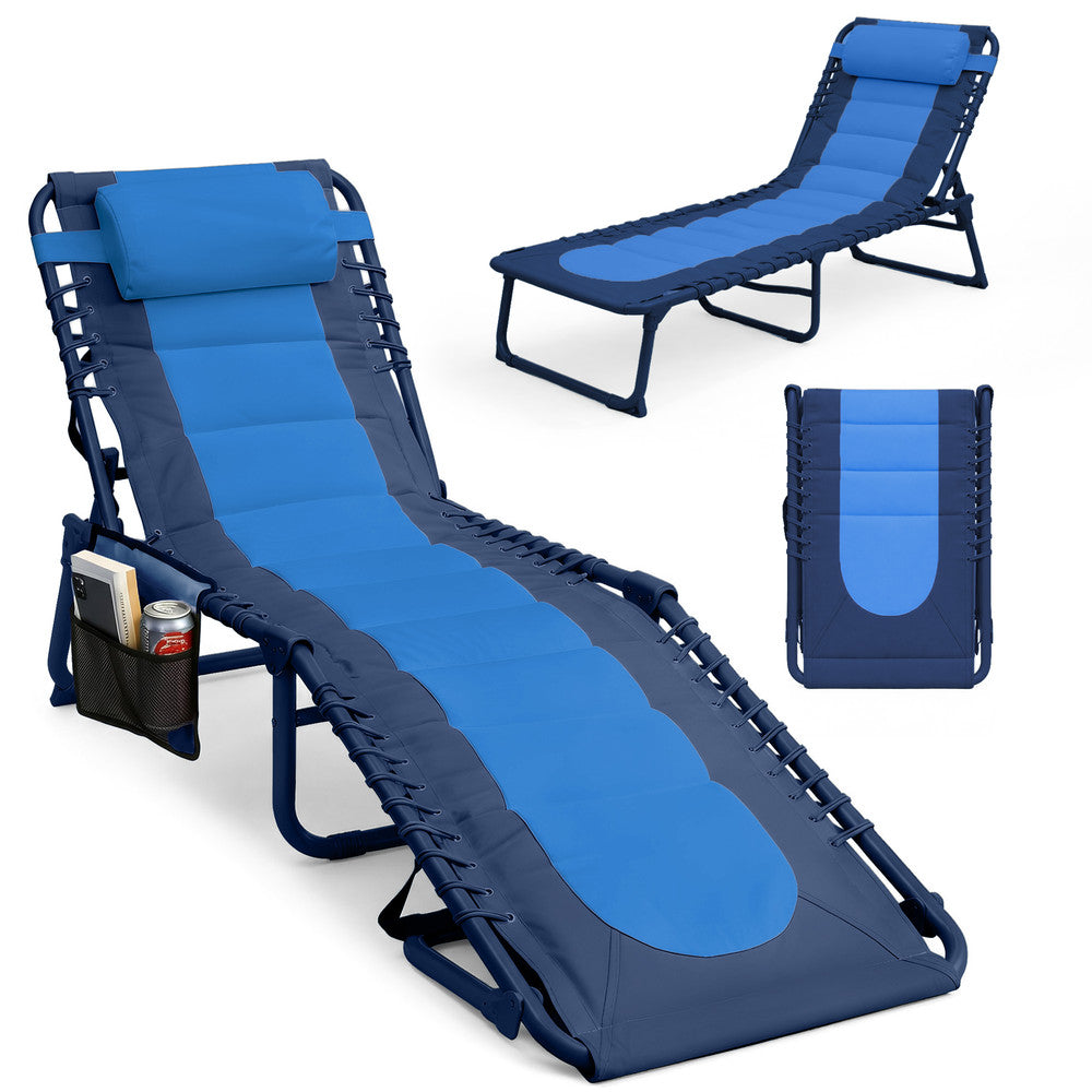 Keplin Padded Folding Sun Lounger in Navy – 600D Oxford Fabric Garden Recliner with Pillow Included