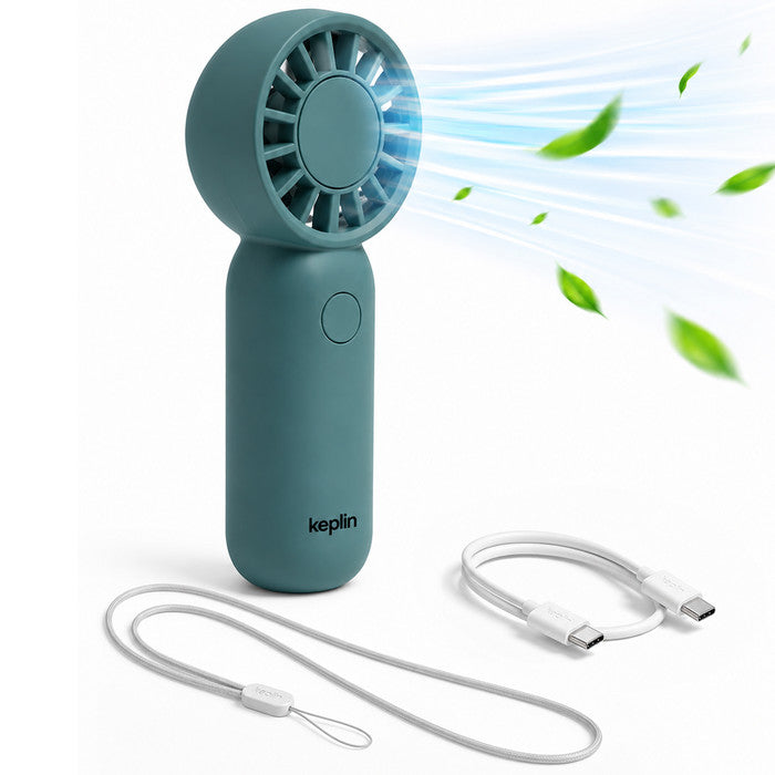 KEPLIN mini handheld fan Ocean Haze with USB-C charging cable and wrist strap – USB rechargeable pocket fan