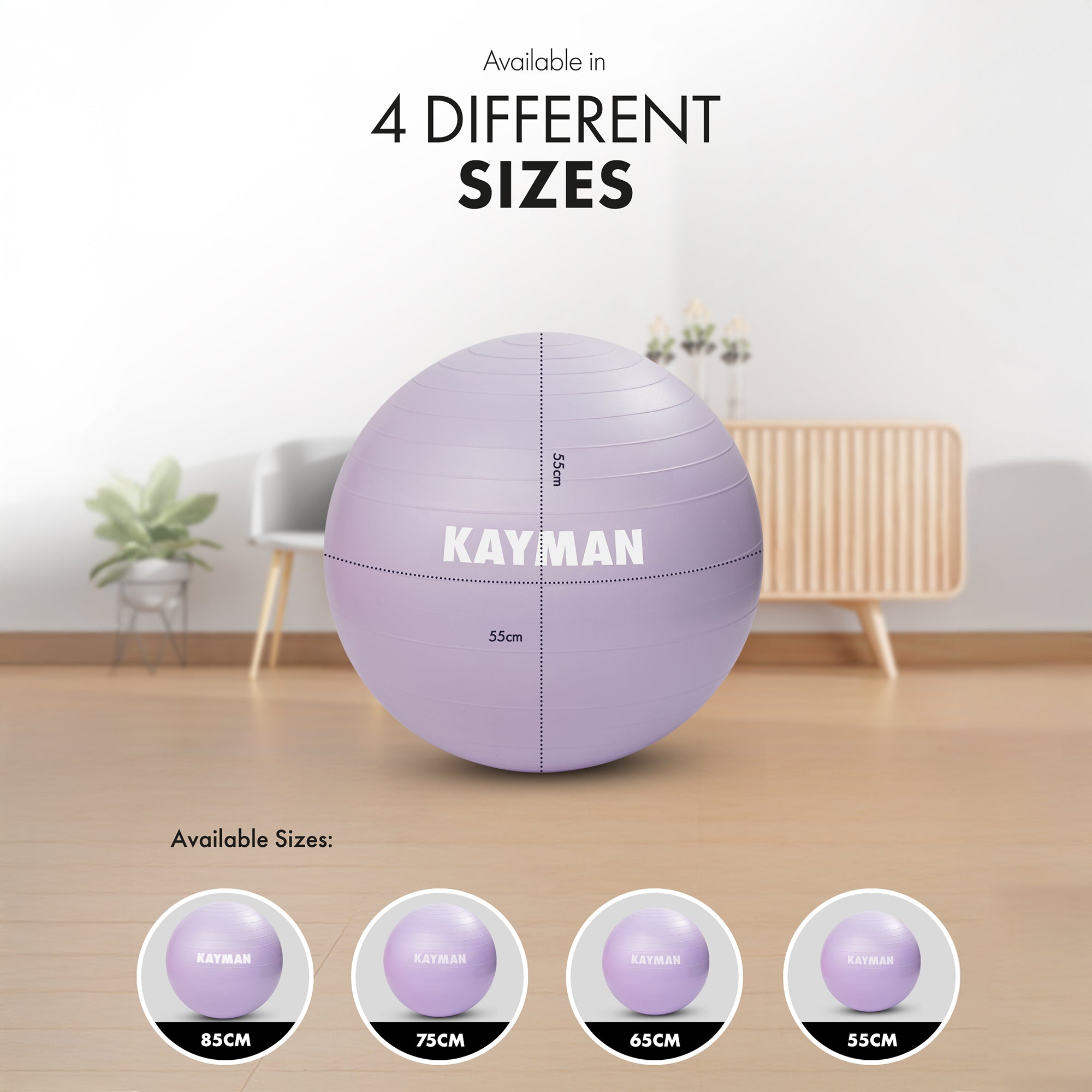 KAYMAN Exercise Ball - Anti-Burst System, Non-Slip Rings, Durable Material, Easy to Inflate, Ideal for Yoga, Pilates, Fitness, Balance Training, Gym, and Home Workouts