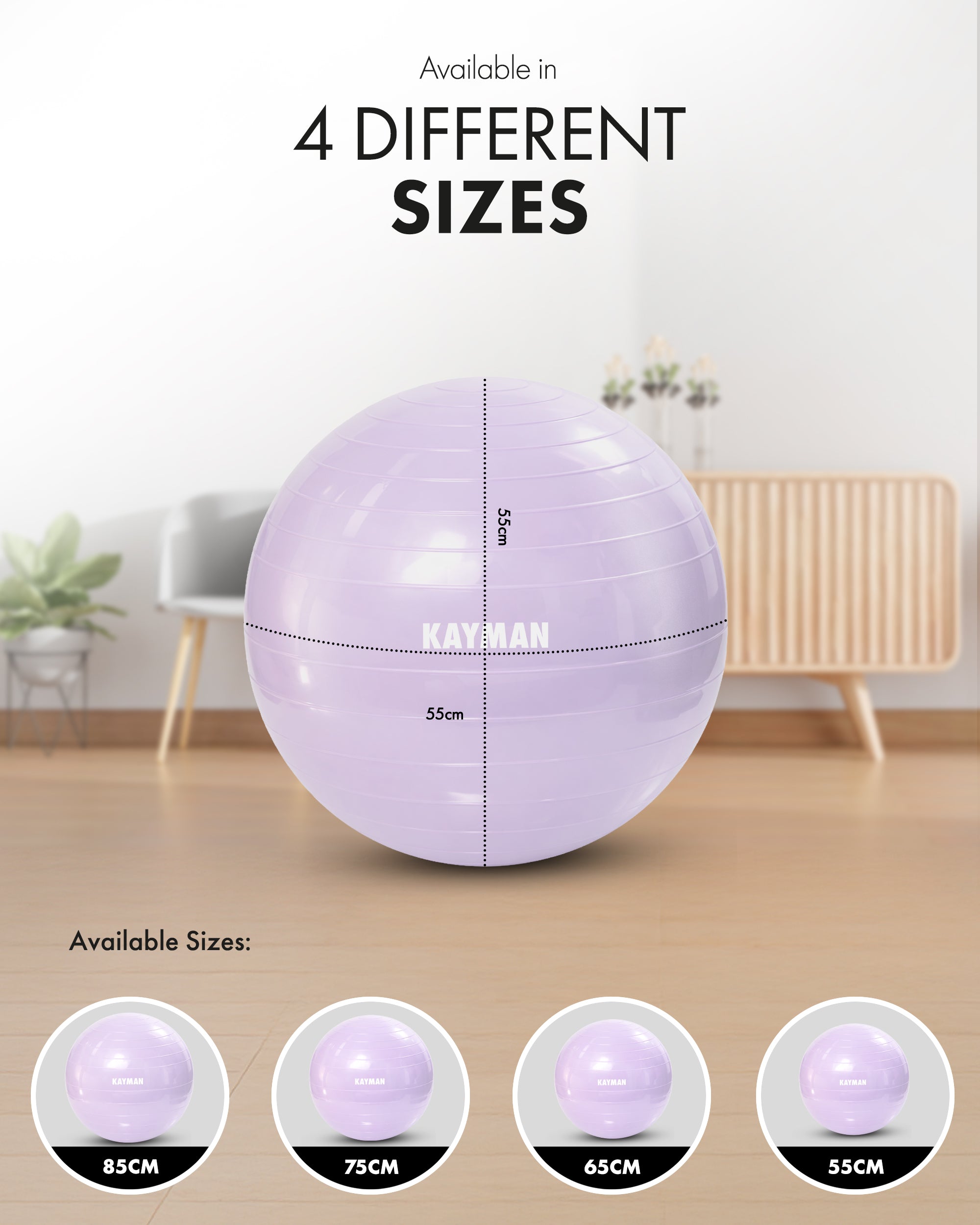 KAYMAN Exercise Ball - Anti-Burst System, Non-Slip Rings, Durable Material, Easy to Inflate, Ideal for Yoga, Pilates, Fitness, Balance Training, Gym, and Home Workouts